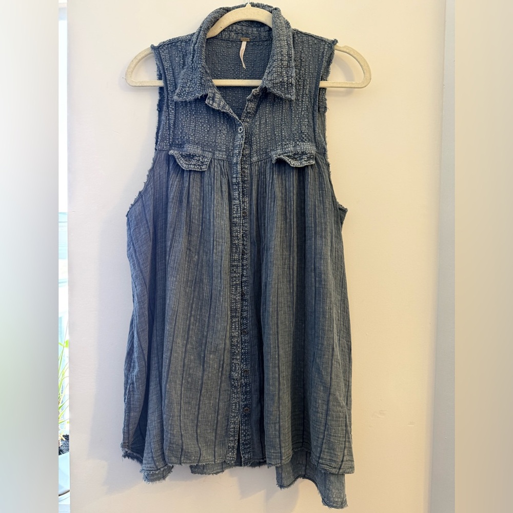 Free People Sleeveless Button-Front Tunic - Denim Blue
